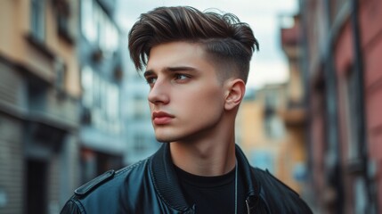 Fototapeta premium A young man with a trendy undercut hairstyle standing against an urban backdrop, showcasing confidence and contemporary fashion.