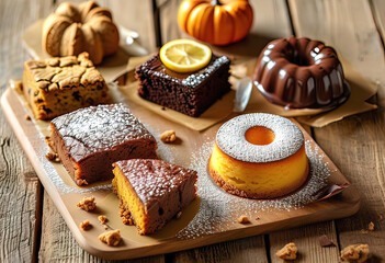 Delicious pumpkin and lemon filled cake, laced with rich chocolate and dusted with powdered sugar, freshly baked and stacked on a wooden table