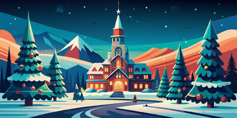 Christmas tree on the street near the church. Christmas and New Year holiday. Postcard.