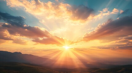 Breathtaking Sunset Over Serene Valley with Dramatic Skies and Ample Copy Space