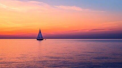 Solitary Sailboat at Serene Sunset on the Open Sea with Ample Copy Space