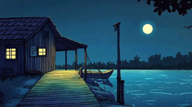 Nighttime Cabin by the Lake
