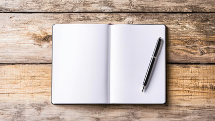 A blank notebook with a pen on a wooden table, perfect for notes, sketches, or journaling ideas.