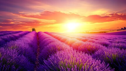 Stunning Lavender Fields Blanketed in Vibrant Sunset Hues,Serene Rural Landscape