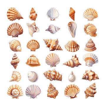 Seashells cartoon vector set. Bone snail oyster pearl shell mollusk marine beach sea ocean aquarium remains souvenirs illustrations isolated on white background