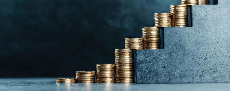 A creative representation of wealth growth, featuring a staircase of stacked coins symbolizing financial progress and success.