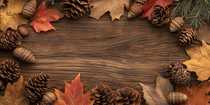 Fall themed background with leaves, pine cones, and acorns with copy space made of wood