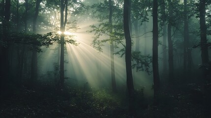 Obraz premium Misty Forest Dawn Landscape with Enchanting Sunlight Rays
