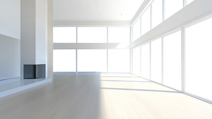Interior of a great room with wrap-around double-high floor-to-ceiling windows, cutout to transparency for custom background