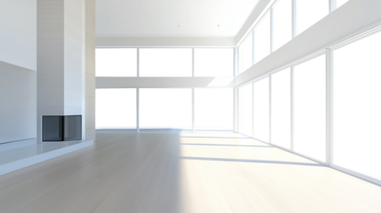 Interior of a great room with wrap-around double-high floor-to-ceiling windows, cutout to transparency for custom background