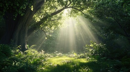 Obraz premium Soft sunlight pours through the leaves of lush trees, casting a peaceful glow over the serene forest.