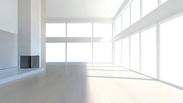 Interior of a great room with wrap-around double-high floor-to-ceiling windows, cutout to transparency for custom background