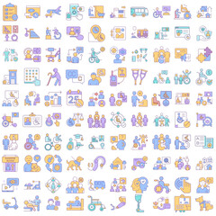 Set of 100 Accessibility Icons in Blue, Lavender, and Peach Tones