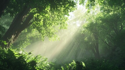 Fototapeta premium Soft sunlight pours through the leaves of lush trees, casting a peaceful glow over the serene forest.