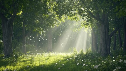 Fototapeta premium Soft sunlight pours through the leaves of lush trees, casting a peaceful glow over the serene forest.