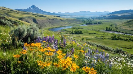 Lush Green Valley Dotted With Colorful Wildflowers and Majestic Mountain Range