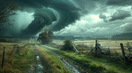A Dirt Road Leading Towards a Tornado in a Rural Setting