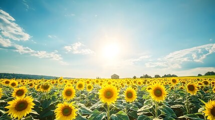 Vibrant Sunflower Field Under Bright Summer Sky with Distant Farmhouse