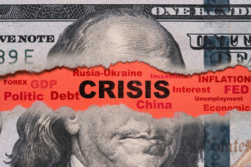 USD dollar banknote is torn with crisis wording on red background for United of America risk of...