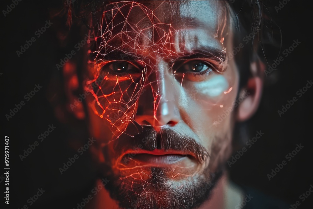 Poster mans face partially illuminated by glowing red circuits representing the fusion of emotion and digit