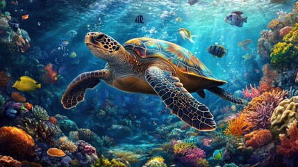 Fototapeta premium A sea turtle swimming near a coral reef, with colorful fish and marine life around it