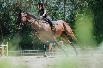 A woman riding a horse in an outdoor equestrian arena on a sunny day with trees in the background....