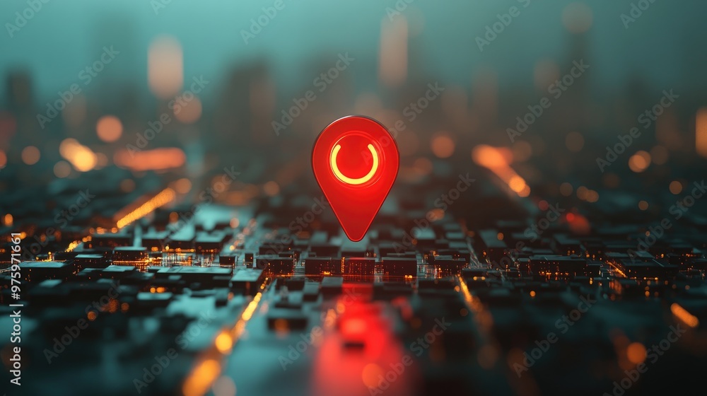 Poster stylized cityscape with a large red pin symbolizing navigation and mapping, representing technology 