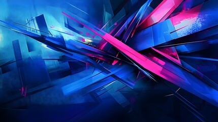 Fototapeta premium Abstract cityscape with bold brush strokes and splashes of vibrant colors, blending urban elements and futuristic design in blue and pink.