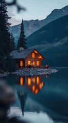 Fototapeta premium Cozy wooden cabin by mountain lake at dusk, tranquil retreat concept