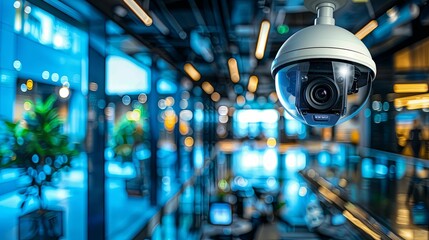 Security Camera in a Blurred, Neon-Lit Store Interior