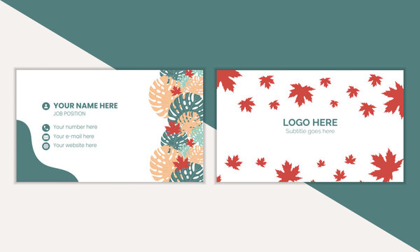 Elegant modern creative printable minimalist clean style floral business card design template decorated with colorful tropical leaves and organic shape