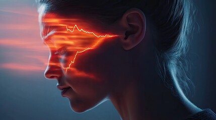 Obraz premium A close-up of a person's head with a visualized heartbeat pulse effect, representing the pain of a migraine