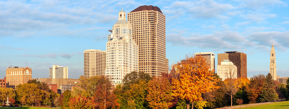 Panorama of Hartford highrises from the Bushnell park, Connecticut, USA