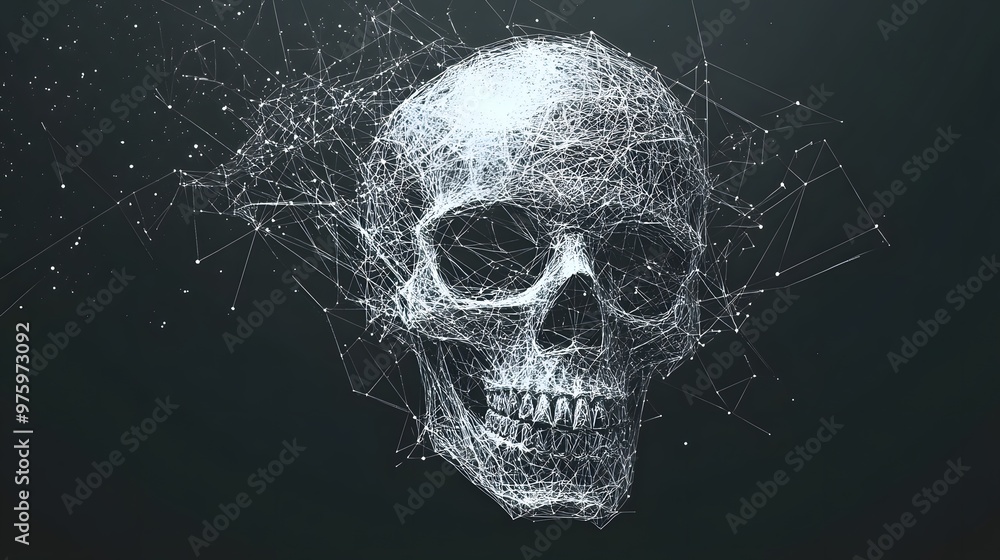 Poster a digitally rendered skull made from a wireframe mesh, floating in a dark space, representing techno