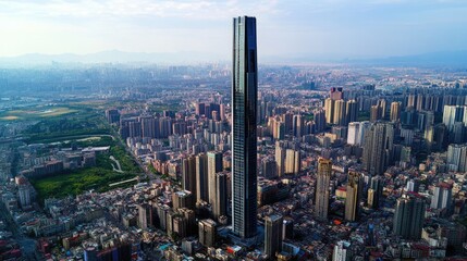 Fototapeta premium Aerial view of a tall skyscraper surrounded by smaller buildings, with a vibrant city landscape stretching out in every direction