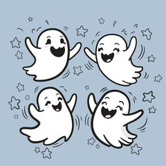 This is a cute cartoon illustration of a ghost with a big smile and big eyes.