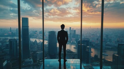 Fototapeta premium Businessman looking out from the top floor of a skyscraper, gazing at the vast city below through a glass window