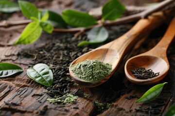 tea leaves on wooden spoon