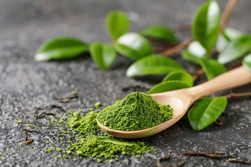 green tea leaves on wooden background