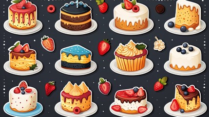 Set of various birthday cakes. Vector flat illustration sticker pack. Cliparts for holidays and greetings