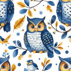 seamless watercolor pattern with owls and Golden leaves, blue colors