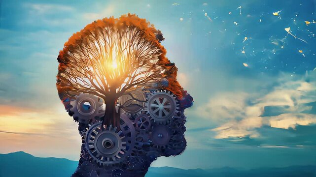 A silhouette of a human head shaped like a tree with glowing gears, symbolizing mental growth, imagination, and cognitive processes, copy space area.