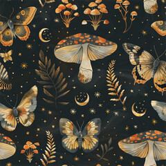 mystical seamless pattern on a dark background mushrooms plants and butterflies