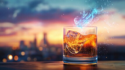 Whiskey glass, vibrant holographic steam effect, futuristic city skyline background