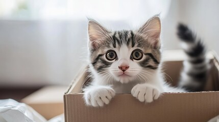 Obraz premium Cute kitten peeking out from a cardboard box, surrounded by packing materials in a bright room
