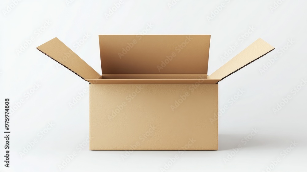 Poster empty cardboard box with its flaps open, isolated on a white background, perfect for shipping or sto