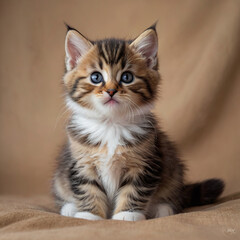 Fototapeta premium Adorable gray chubby Fluffy Tabby kitten with Bright blue Eyes High-Resolution Close-Up of a Cat