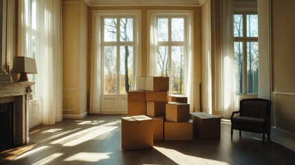 Empty living room with sunlight streaming through large windows, filled with stacked boxes ready for unpacking