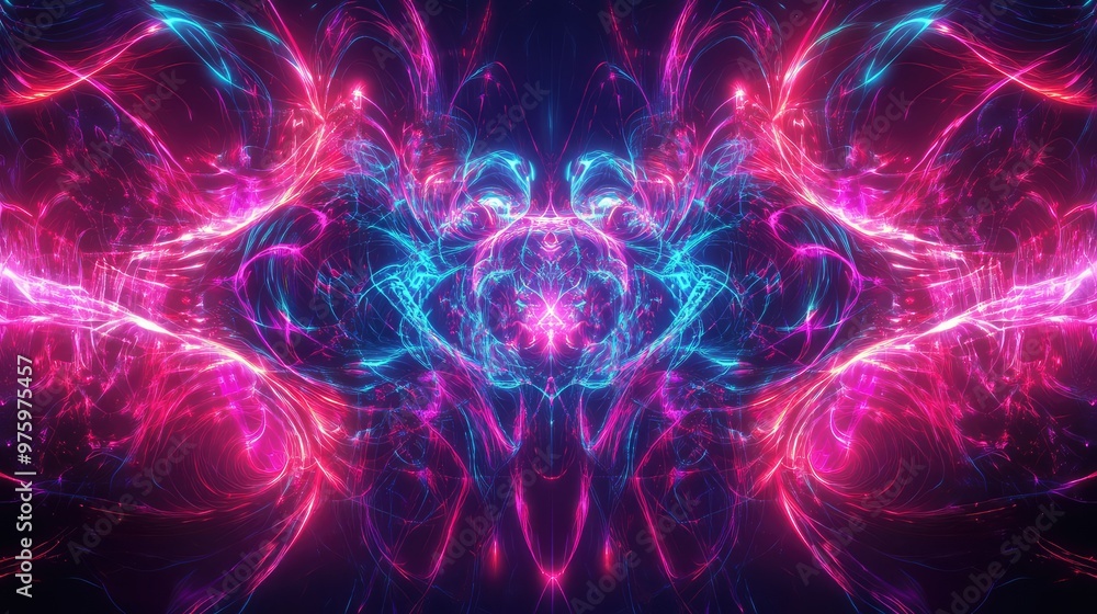 Aufkleber symmetrical fractal design pulsating with energy in bright neon colors.