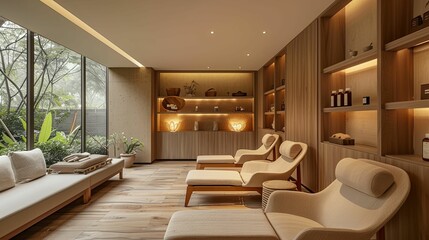 Modern Spa Lounge with Comfortable Loungers and Wooden Accents